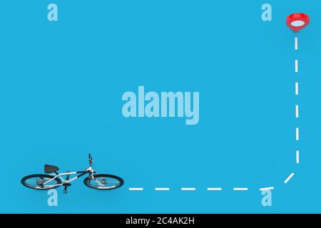 Vélo de montagne noir et blanc conduisez jusqu'à la carte de pointeur sur un fond bleu. Rendu 3d Banque D'Images