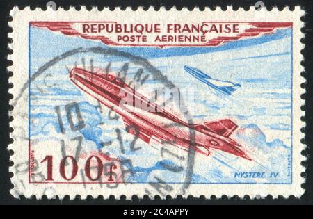 FRANCE - VERS 1949 : timbre imprimé par la France, montre Jet plane, vers 1949 Banque D'Images