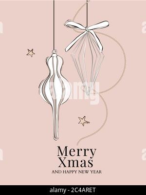 Carte de Noël à main avec boules et étoiles roses rose tendre de la nouvelle année, noeuds et formes géométriques. Illustration d'esquisse vectorielle, message d'accueil c Illustration de Vecteur