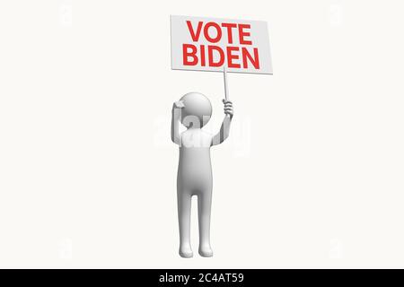 Caractère 3D anonyme avec signe prenant en charge le vote de Biden. Votez le signe Biden, votez le écriteau Biden Banque D'Images