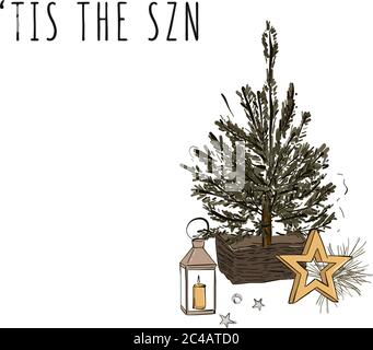 Décoration de Noël à la bougie avec arbre de Noël du nouvel an, étoile dorée, cloches de jingle et illustration vectorielle dessinée à la main avec la citation de « Tis the Szn ». Wint Illustration de Vecteur