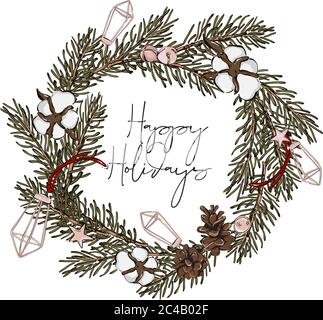 Couronne moderne de sapin dessinée à la main avec des cônes de pin et des boules de coton, décoration de formes géométriques, texte typographique de Joyeux Noël. Nouvel an d'art pour adverti Illustration de Vecteur