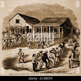 La ruée vers l'or de Californie (1848–1855) - UNE file d'attente dans UN bureau de poste californien au milieu des années 1800 où les habitants de la région se sont mis en file d'attente pour récupérer leur courrier pendant la ruée vers l'or californien (San Francisco est passé d'une petite colonie d'environ 200 habitants en 1846 à une ville d'expansion d'environ 36,000 en 1852 et en 1849 une constitution d'état a été rédigée.) Banque D'Images