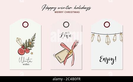 Cartes de vœux dessinées à la main avec cloches, boules, guirlande géométrique et citations typographiques. Illustration du design du nouvel an. Noël Illustration de Vecteur