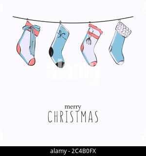 Noël cadeau Noël Noël Noël Noël Noël suspension publicitaire. Joyeux Noël et joyeux Noël avec chaussettes dessinées à la main pour cadeaux. Noël décoration mignonne Illustration de Vecteur