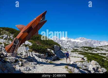 Randonneurs sur le sentier de randonnée circulaire Heilbronn en face de la sculpture de requin Dachstein, derrière elle le Hoher Dachstein, le sentier de randonnée Karst, Krippenste Banque D'Images