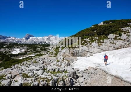 Randonneurs sur le sentier de randonnée circulaire Heilbronn, derrière lui Hoher Dachstein, Karst, Krippenstein, massif de Dachstein, Salzkammergut, haute-Aus Banque D'Images