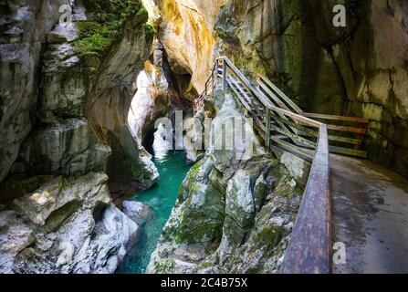 Installation d'escalade dans la gorge sombre, Lammeroefen, Lammerklamm, River Lammer, Scheffau, Tennenggebirge, Salzburger Land, province de Salzbourg, Autriche Banque D'Images