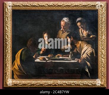 Cena à Emmaus, peinture en soirée à Emmaüs, peinture de Michel-Ange Merisi da Caravaggio appelée Caravaggio, 1571 - 1610, baroque précoce, Pinacoteca Banque D'Images