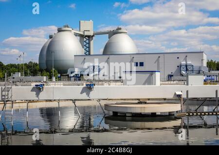 Traitement des eaux usées dans la nouvelle usine de traitement des eaux usées Emschermuendung KLEM, dans le premier clarificateur de l'usine de traitement, les eaux usées sont Banque D'Images