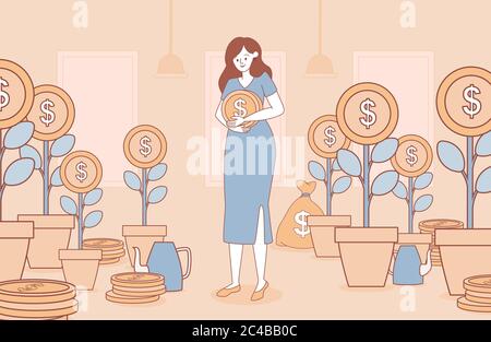 Femme tenant la pièce d'or et l'argent pièces arbres vector dessin animé illustration du contour. Concept d'investissement. Profits et revenus, économie et finances, succès financier et croissance. Illustration de Vecteur