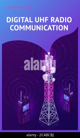 Bandeau isométrique de communication radio UHF numérique, tour de télécommunication et talkie-walkie avec antennes rayonnent d'ondes. Équipement émetteur pour connexion téléphonique sans fil, illustration vectorielle 3d de diffusion Illustration de Vecteur