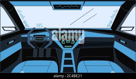Design futuriste à l'intérieur de l'illustration vectorielle de la voiture. Vue de la voiture avec système de capteurs, barre, tableau de bord et panneau avant. Futur intérieur de l'automobile, véhicule autonome. Illustration de Vecteur