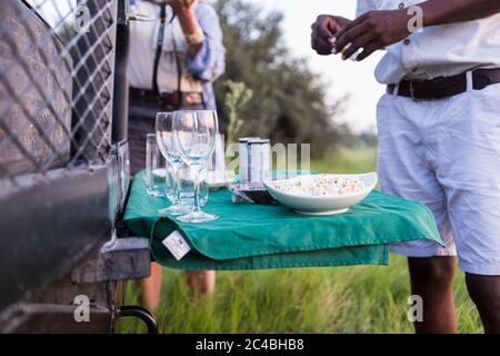 En-cas et boissons sur table escamotable, véhicule safari, Botswana Banque D'Images