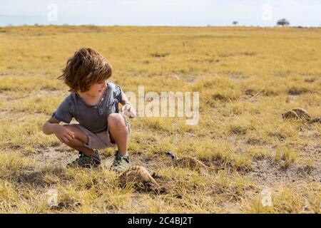 Garçon de 5 ans regardant Meerkats, désert de Kalahari, casseroles de sel de Makgadikgadi, Botswana Banque D'Images