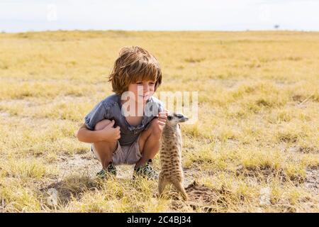 Garçon de 5 ans regardant Meerkats, désert de Kalahari, casseroles de sel de Makgadikgadi, Botswana Banque D'Images