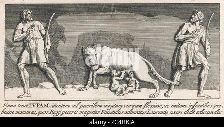 ROMULUS ET REMUS sont aspirés par un loup dans une gravure du XVIIIe siècle Banque D'Images