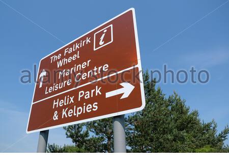 Panneau de direction pour la roue Falkirk, le centre de loisirs Mariner et le parc Helix et Kelpies, Falkirk Banque D'Images