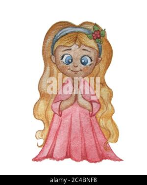 Aquarelle jolie illustration d'une fille. Princesse, blonde de fées avec de longs cheveux dans une robe rose. Peintures à dessin à la main Banque D'Images