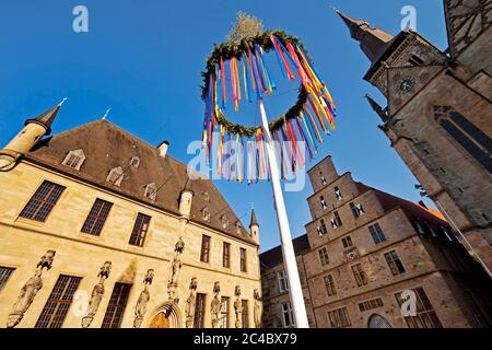 maypole avec hôtel de ville, maison de pesage et église St Marien sur la place du marché, Allemagne, Basse-Saxe, Osnabrueck Banque D'Images