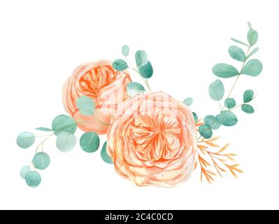 Bouquet de fleurs de rose couleur pêche et orange fond avec rose anglaise Austin et Eucalyptus. Banque D'Images