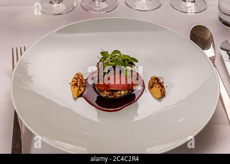 Un plat gastronomique composé d'un morceau d'agneau cuit à point sur du bulgur, posé dans une sauce rouge foncé sur une assiette blanche lors du déjeuner "Gewürzmenü & Aromen-Weine" (menu épicé et vins aromatiques) à l'hôtel et restaurant Kronenschlösschen à Hattenheim, Eltville am Rhein, Hesse, Allemagne. Des germes feuillus reposent sur la viande, et une quenelle de crème brun clair avec des flocons d'épices rouges se trouve de chaque côté. Le plat est le troisième service du menu, assaisonné selon la tradition du Moyen-Orient avec de l'agneau, du sumac, du cumin noir, du bulgur et du tahini. Le déjeuner du 1er mars 2017 fait partie du 21e Festival Gourmet & Vin du Rheingau. Michel Banque D'Images