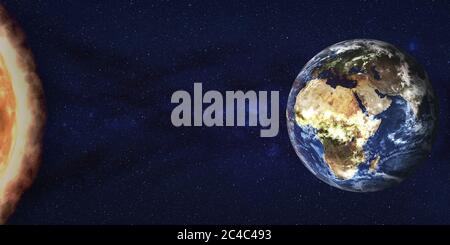 Flux de rayonnement de tempête de soleil vers la planète Terre dans l'espace. illustration de rendu 3d. Des éléments de cette image ont été fournis par la NASA Banque D'Images