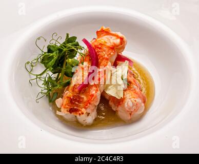 Deux queues de crustacés (peut-être des langoustines) avec un dessus doré reposent dans un bouillon doré dans une assiette blanche profonde, garnie de lamelles d'oignon rouge, de vrilles et de feuilles vertes ainsi qu'une feuille pâle. Le plat gastronomique (peut-être le deuxième plat d'entrée) est servi au California Dinner de l'hôtel et restaurant Kronenschlösschen à Hattenheim, Eltville am Rhein, Hesse, Allemagne. Le soir du 11 mars 2017, le chef deux étoiles Simone Zanoni prépare un menu gastronomique au California Dinner du 21e Festival gastronomique et viticole du Rheingau. Les meilleurs vins californiens de Jackson Family Wines et les Rieslings de Schloss Banque D'Images