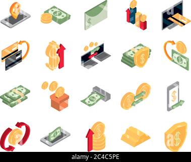 isométrique monnaie monnaie monnaie monnaie monnaie affaires pièces billets isolés sur fond blanc vecteur illustration icônes plates ensemble Illustration de Vecteur