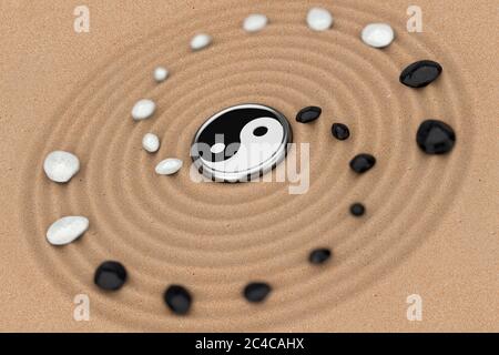 Ying Yang signe avec des pierres blanches et noires sur Zen méditation Sand Garden extrême de gros plan. Rendu 3d Banque D'Images