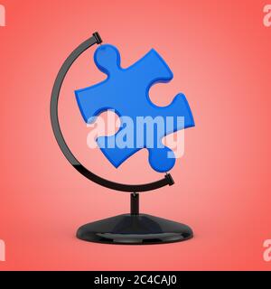 Puzzle bleu en forme de Terre Globe sur fond rouge. Rendu 3d Banque D'Images