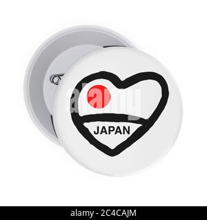 Concept Love Japan. Badges PIN blancs avec cœur, drapeau japonais et signe sur fond blanc. Rendu 3d Banque D'Images