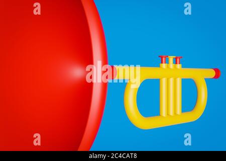 illustration 3d d'un instrument de musique trompette de couleur jaune-rouge en style caricature sur fond bleu isolé. Banque D'Images