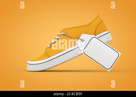 Nouvelles sneakers sans marque en denim orange avec maquette blanche vierge étiquette de prix sur fond orange. Rendu 3d Banque D'Images