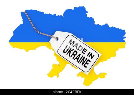 Carte de l'Ukraine avec drapeau et fabriqué en Ukraine Vente Tag sur un fond blanc. Rendu 3d Banque D'Images