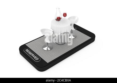 Table et chaises de restaurant avec vin rouge sur téléphone portable et bouton réservé sur fond blanc. Rendu 3d Banque D'Images