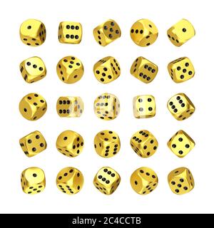 Concept de jeu de casino. Ensemble de cubes de dés de jeu d'or en position de différenciation sur un fond blanc. Rendu 3d Banque D'Images