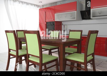 Table et chaises devant des meubles modernes de cuisine rouge avec ustensiles de cuisine intérieur très gros plan. Rendu 3d Banque D'Images