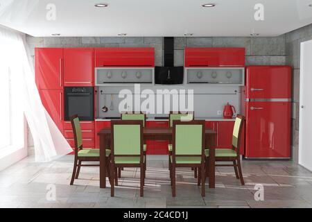Table et chaises devant des meubles modernes de cuisine rouge avec ustensiles de cuisine intérieur très gros plan. Rendu 3d Banque D'Images