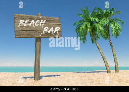 Tourisme et Voyage concept. Direction en bois Signbard avec Beach Bar signe dans Tropical Paradise Beach avec sable blanc et palmiers à noix de coco sur un bleu Banque D'Images