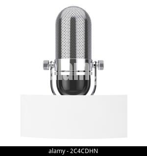 Étiquette de papier blanc vierge avec espace libre pour le Design de Yuth devant le microphone Vintage sur un fond blanc. Rendu 3d Banque D'Images