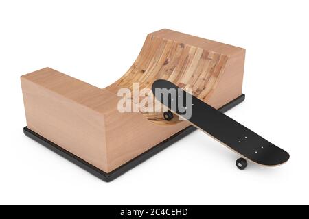 Skateboard moderne avec rampe Halfpipe en bois sur fond blanc. Rendu 3d Banque D'Images