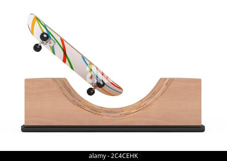 Skateboard moderne avec rampe Halfpipe en bois sur fond blanc. Rendu 3d Banque D'Images