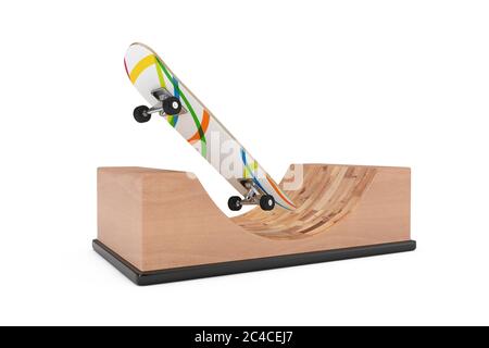 Skateboard moderne avec rampe Halfpipe en bois sur fond blanc. Rendu 3d Banque D'Images