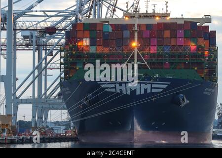 Southampton, Hampshire, Royaume-Uni. 26 juin 2020. Le plus grand navire à visiter les quais de Southampton arrive à DP World Southampton, dans les premières heures de ce matin. Le navire à conteneurs HMM Oslo est l'un des plus grands navires au monde. Le navire est plus long que le Shard à Londres est grand, mesurant 399.9 mètres de long. Le navire massif mesure 61.5 mètres de large et peut contenir 23,820 unités de conteneur de 20 pieds. Le navire partira du port le samedi 27 juin, transportant des exportations britanniques à son retour en Corée du Sud, via la France, l'Allemagne, les pays-Bas et Singapour. Crédit Stuar Banque D'Images