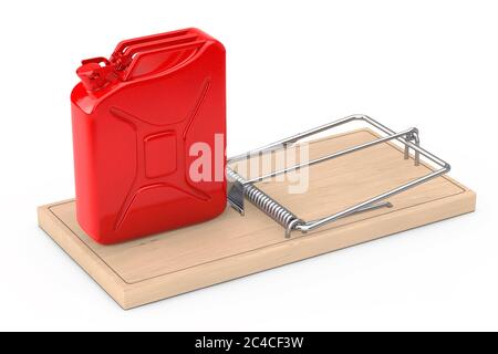 Concept de faux carburant. Red Metal Jarrycan en bois Mousetrap sur fond blanc. Rendu 3d Banque D'Images