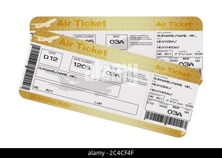 Golden Business ou First Class Airline Boarding Pass Fly Air tickets sur fond blanc. Rendu 3d Banque D'Images