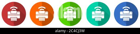 Jeu d'icônes d'imprimante, boutons Web à conception plate rouge, bleu, vert et orange isolés sur fond blanc, illustration vectorielle Illustration de Vecteur
