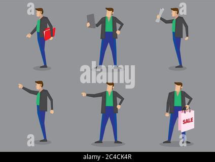 Ensemble de six personnages vectoriels d'un homme moderne portant une chemise verte élégante, un pantalon bleu et une veste noire debout dans différentes poses et gestes isola Illustration de Vecteur