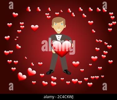 Un homme portant un grand coeur et autour de lui est beaucoup d'autres coeurs de différentes tailles. Concept avec beaucoup d'amour dans la Saint Valentin. Illustrateur de vecteur Illustration de Vecteur